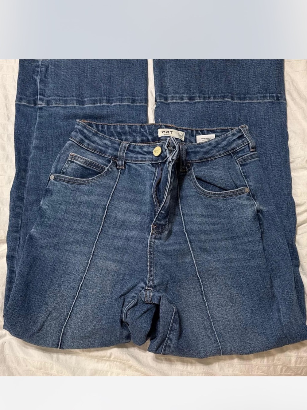 Oat New York Distressed Front-Seam Wide-Leg Jeans in Indigo